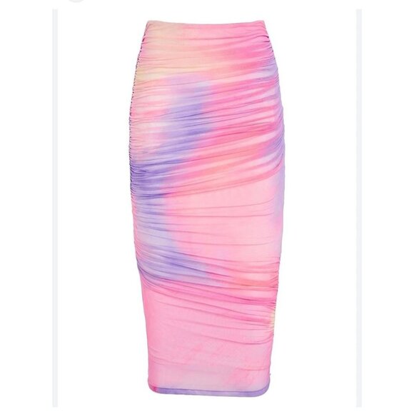 Ser.O.Ya XS Ruched Mesh Midi Skirt Pink & Purple Gradient Stretchy Fabric - Picture 1 of 10